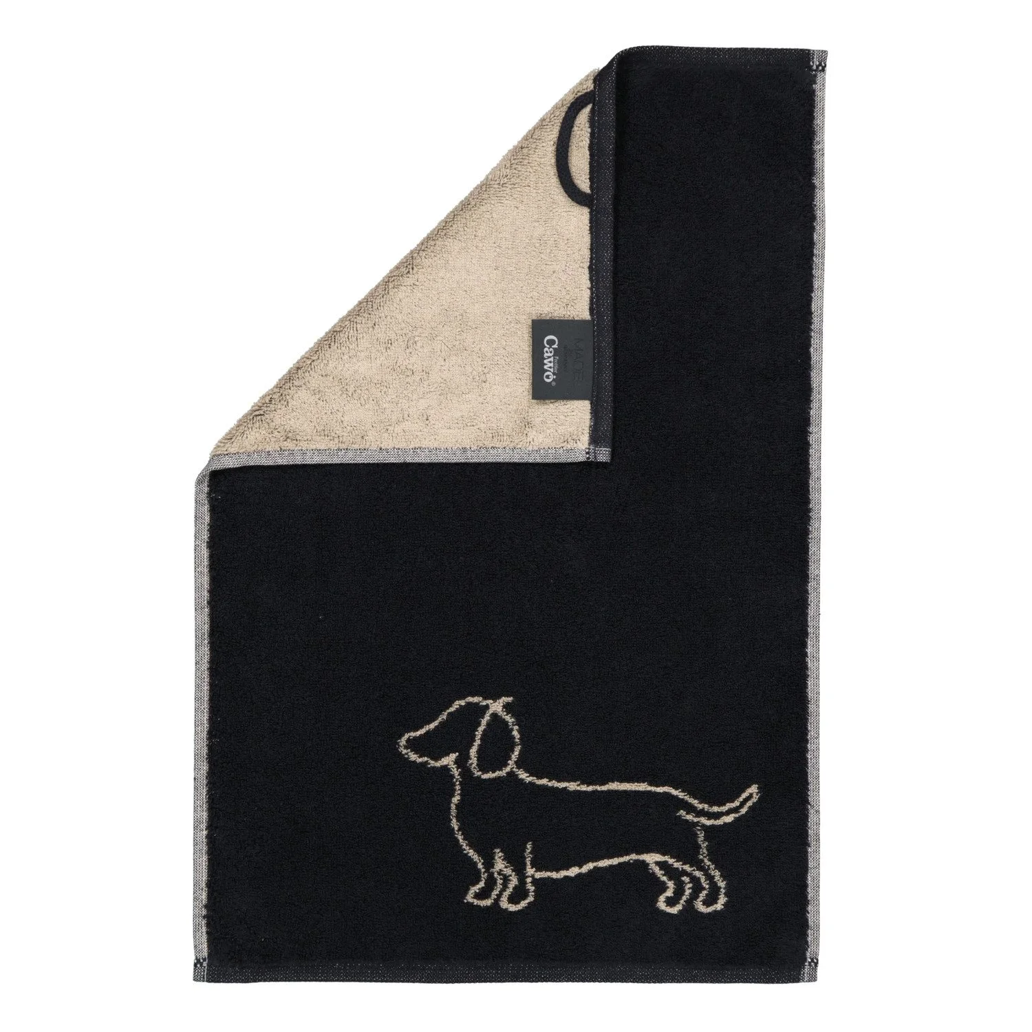 Handtuchserie „We Love Dogs“ – Cawö Premium Walkfrottier Baumwoll-Gästehandtuch 30×50 cm, Dackel Schwarz